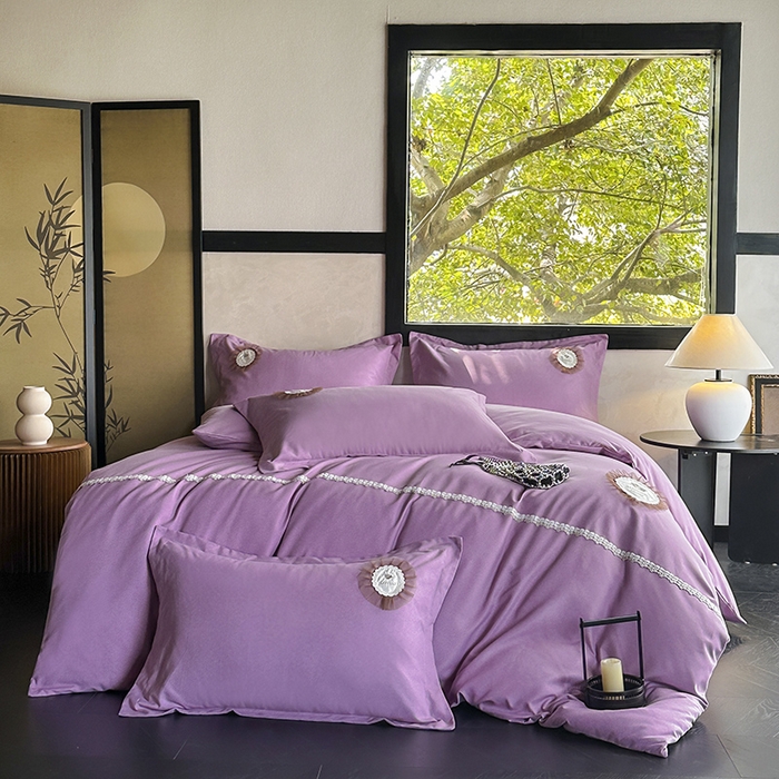 梵克保罗 2026新款加厚肌理纹碳素磨毛刺绣贴布绣花边新中式四件套-奢香夫人 紫色