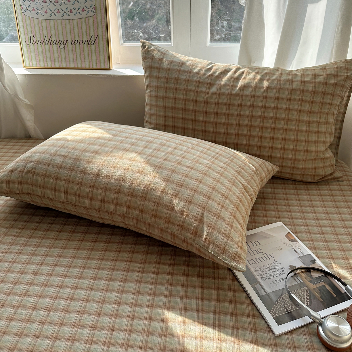 91家纺网 家纺一手货源 找家纺 六巷胡同 2026新款A类全棉纯棉水洗棉色织格子单品枕套 枕套单件 巷往-绿格