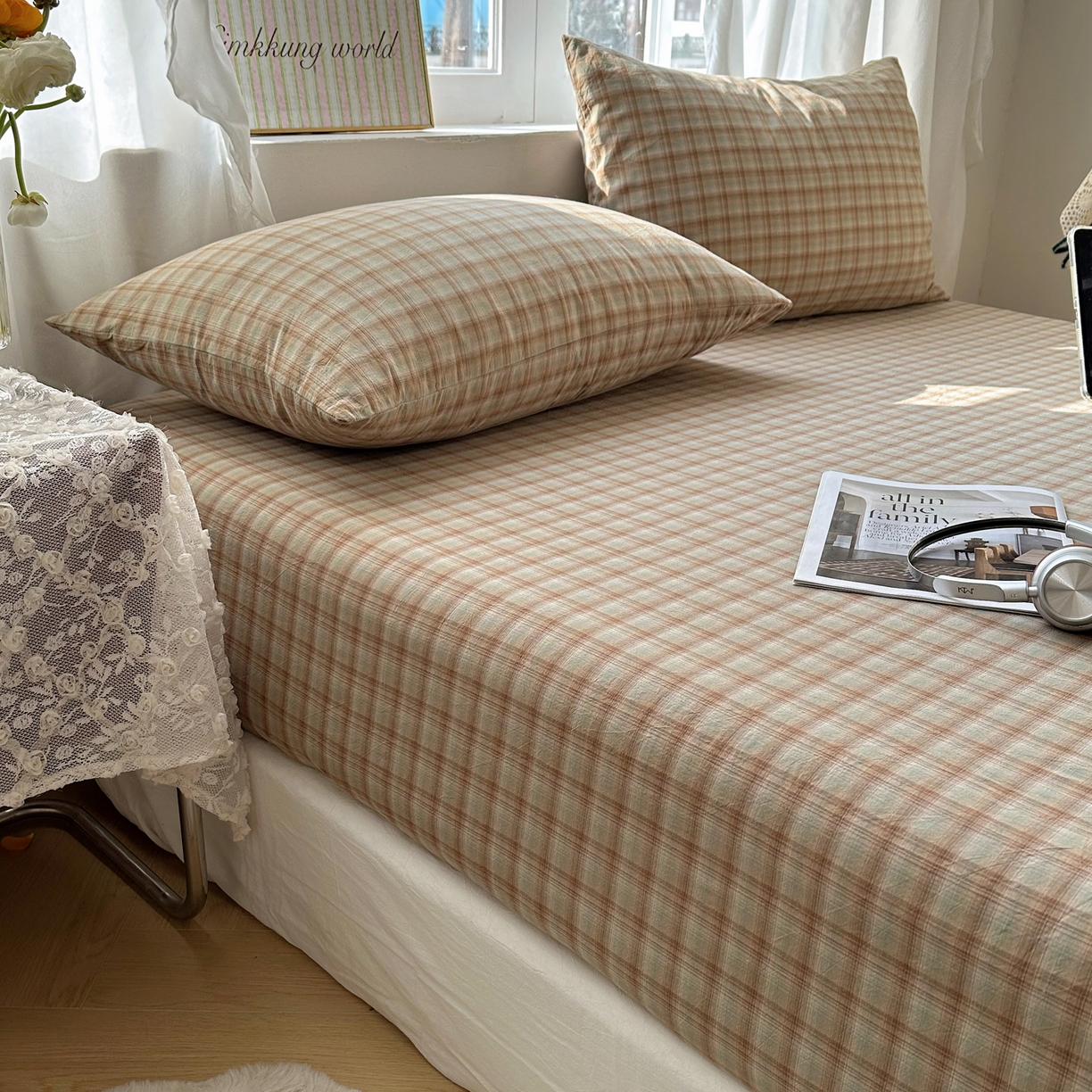 91家纺网 家纺一手货源 找家纺 六巷胡同 2026新款A类全棉纯棉水洗棉色织格子单品枕套 枕套单件 巷往-绿格