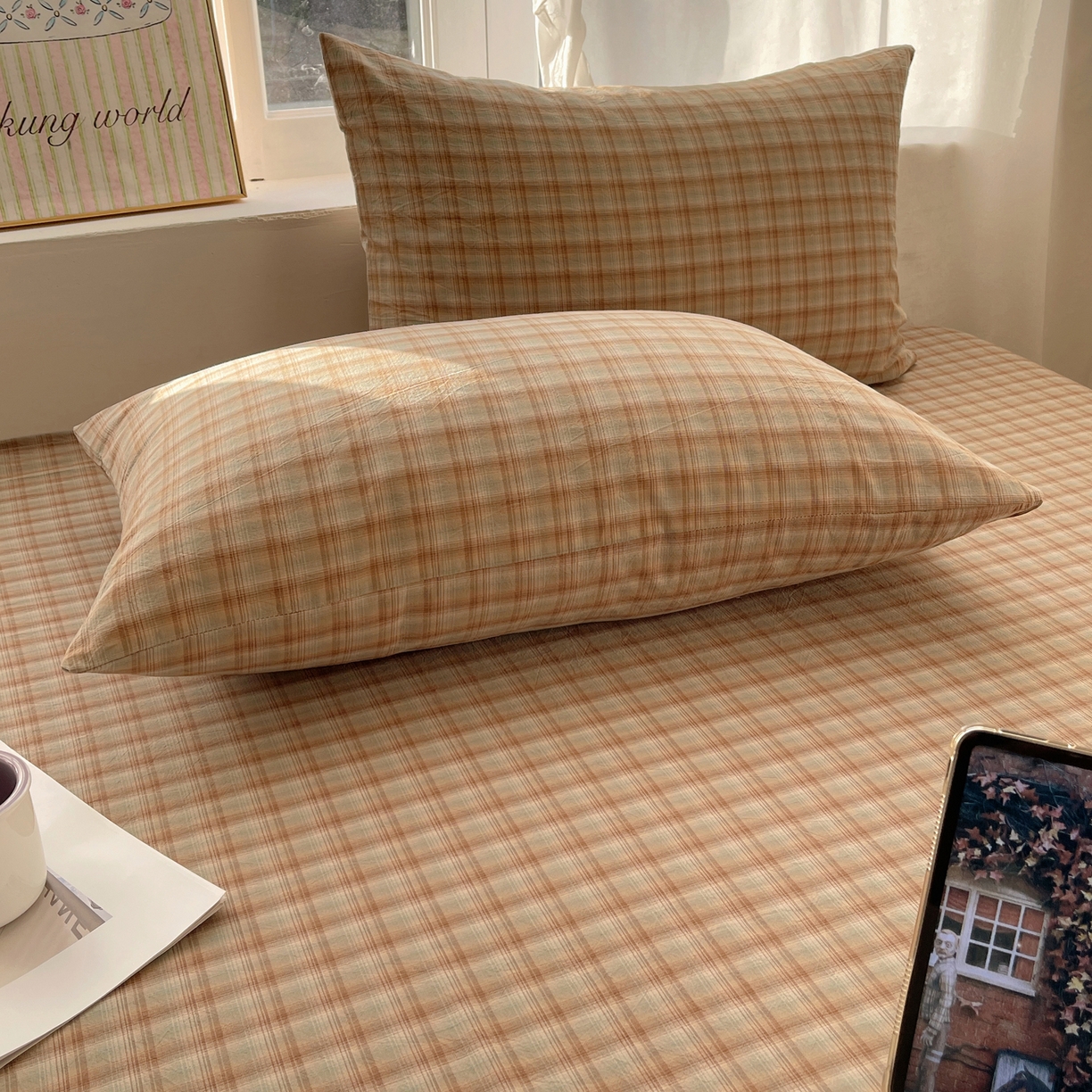 91家纺网 家纺一手货源 找家纺 六巷胡同 2026新款A类全棉纯棉水洗棉色织格子单品枕套 枕套单件 巷往-绿格