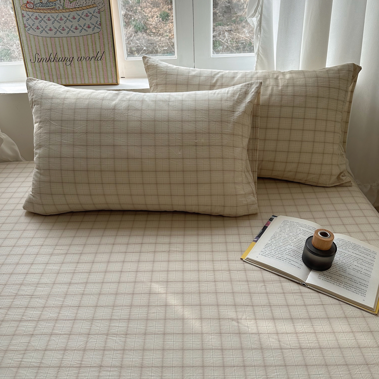 六巷胡同 2026新款A类全棉纯棉水洗棉色织格子单品枕套 枕套单件 悦野-白格