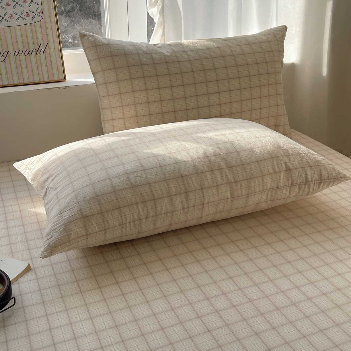 91家纺网 家纺一手货源 找家纺 六巷胡同 2026新款A类全棉纯棉水洗棉色织格子单品枕套 枕套单件 悦野-白格