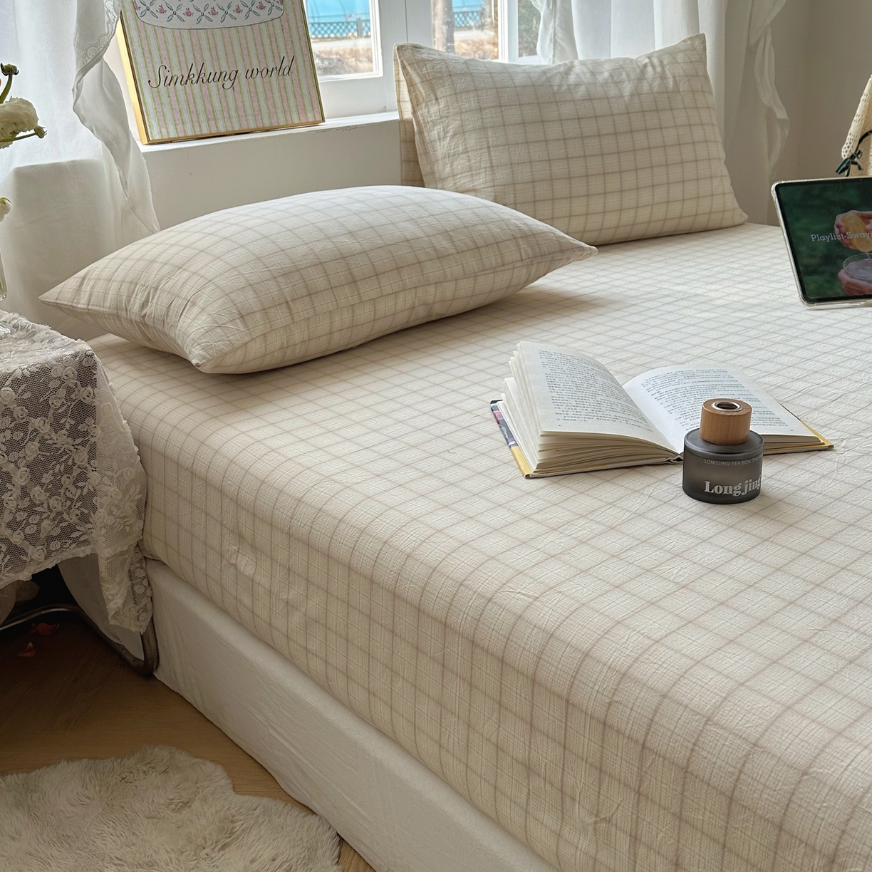 91家纺网 家纺一手货源 找家纺 六巷胡同 2026新款A类全棉纯棉水洗棉色织格子单品枕套 枕套单件 悦野-白格