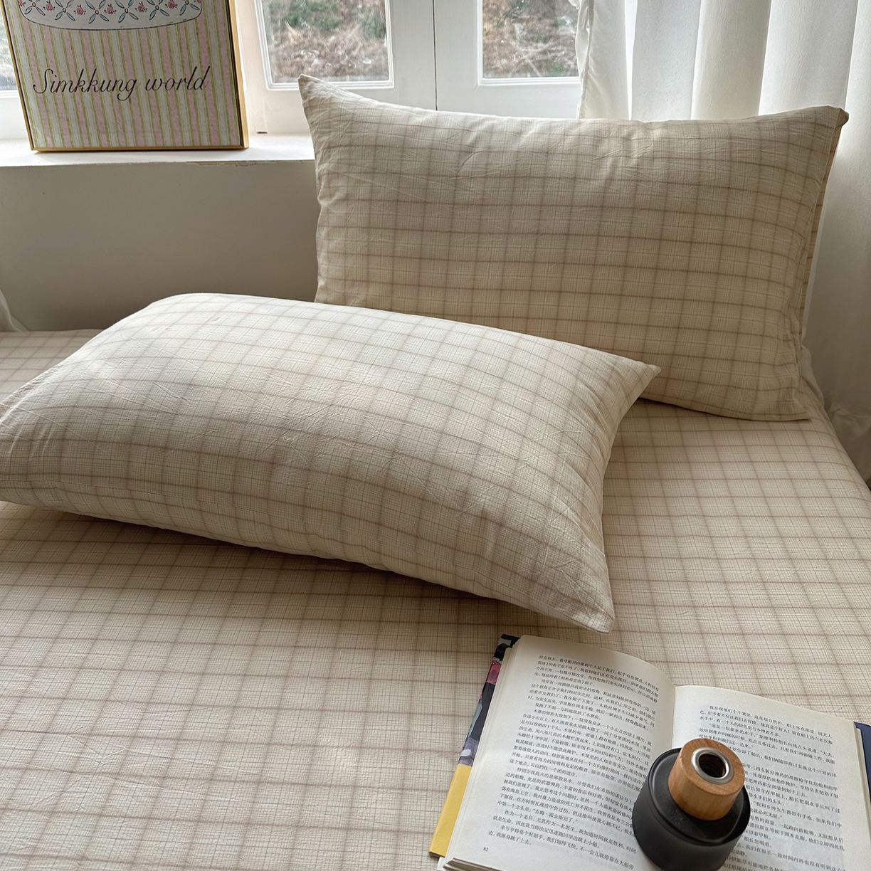 91家纺网 家纺一手货源 找家纺 六巷胡同 2026新款A类全棉纯棉水洗棉色织格子单品枕套 枕套单件 悦野-白格