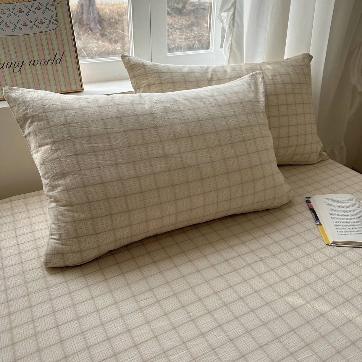 91家纺网 家纺一手货源 找家纺 六巷胡同 2026新款A类全棉纯棉水洗棉色织格子单品枕套 枕套单件 悦野-白格