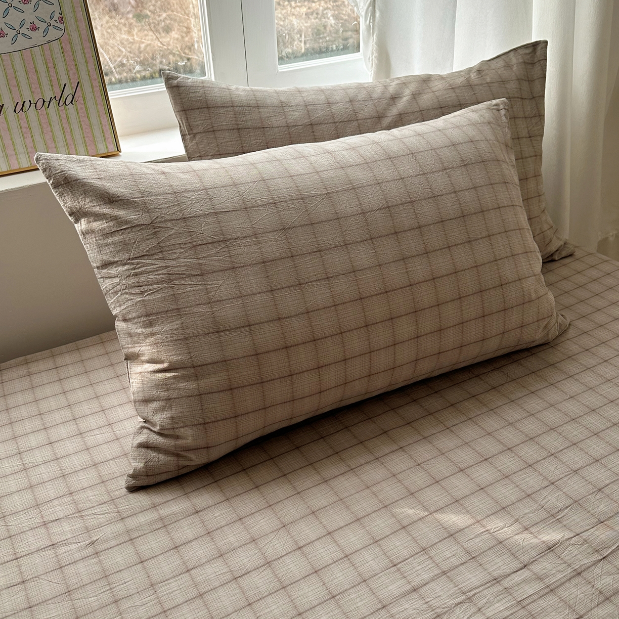 91家纺网 家纺一手货源 找家纺 六巷胡同 2026新款A类全棉纯棉水洗棉色织格子单品枕套 枕套单件 悦野-灰格