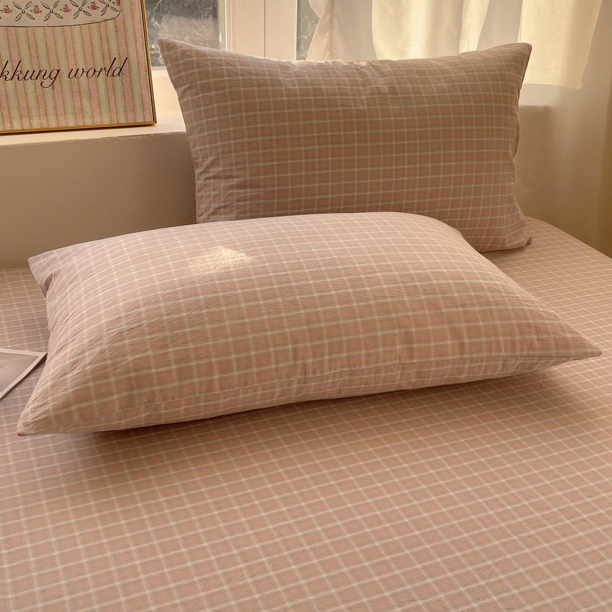 91家纺网 家纺一手货源 找家纺 六巷胡同 2026新款A类全棉纯棉水洗棉色织格子单品枕套 枕套单件 知序-灰格