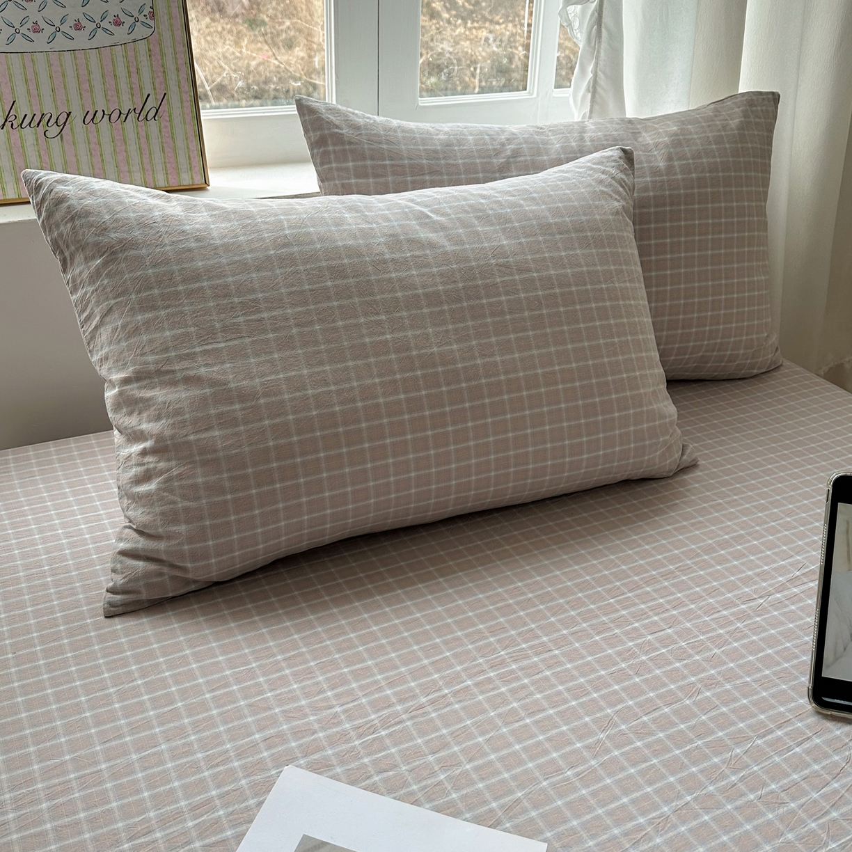 91家纺网 家纺一手货源 找家纺 六巷胡同 2026新款A类全棉纯棉水洗棉色织格子单品枕套 枕套单件 知序-灰格
