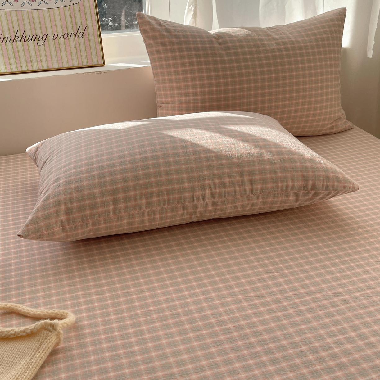 91家纺网 家纺一手货源 找家纺 六巷胡同 2026新款A类全棉纯棉水洗棉色织格子单品枕套 枕套单件 知序-橘格