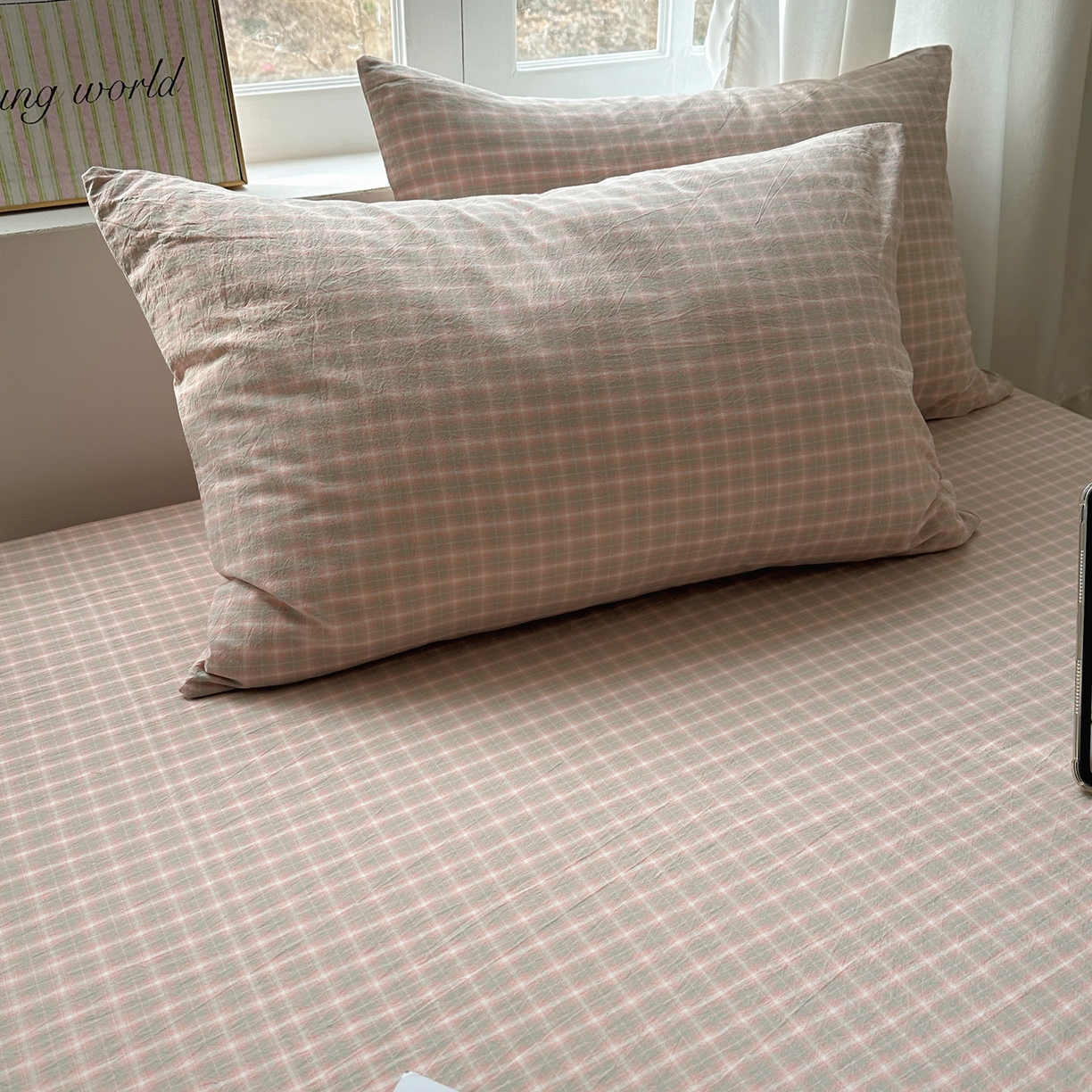 91家纺网 家纺一手货源 找家纺 六巷胡同 2026新款A类全棉纯棉水洗棉色织格子单品枕套 枕套单件 知序-橘格