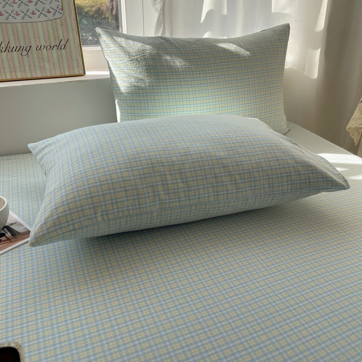 91家纺网 家纺一手货源 找家纺 六巷胡同 2026新款A类全棉纯棉水洗棉色织格子单品枕套 枕套单件 知序-蓝格