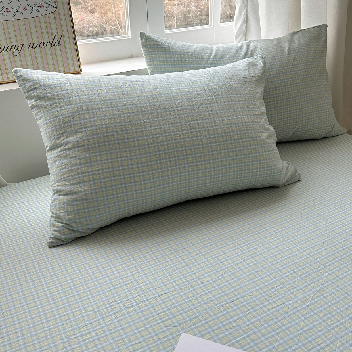 91家纺网 家纺一手货源 找家纺 六巷胡同 2026新款A类全棉纯棉水洗棉色织格子单品枕套 枕套单件 知序-蓝格