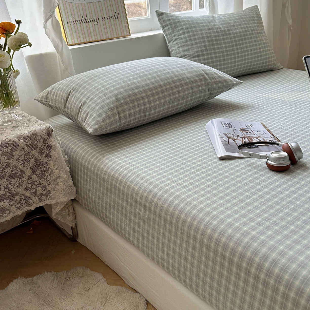 91家纺网 家纺一手货源 找家纺 六巷胡同 2026新款A类全棉纯棉水洗棉色织格子单品枕套 枕套单件 知序-绿格