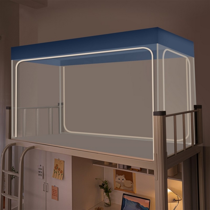 豪梦园蚊帐工厂店 2026新款学生支架蚊帐 蓝色边 三开门防尘顶