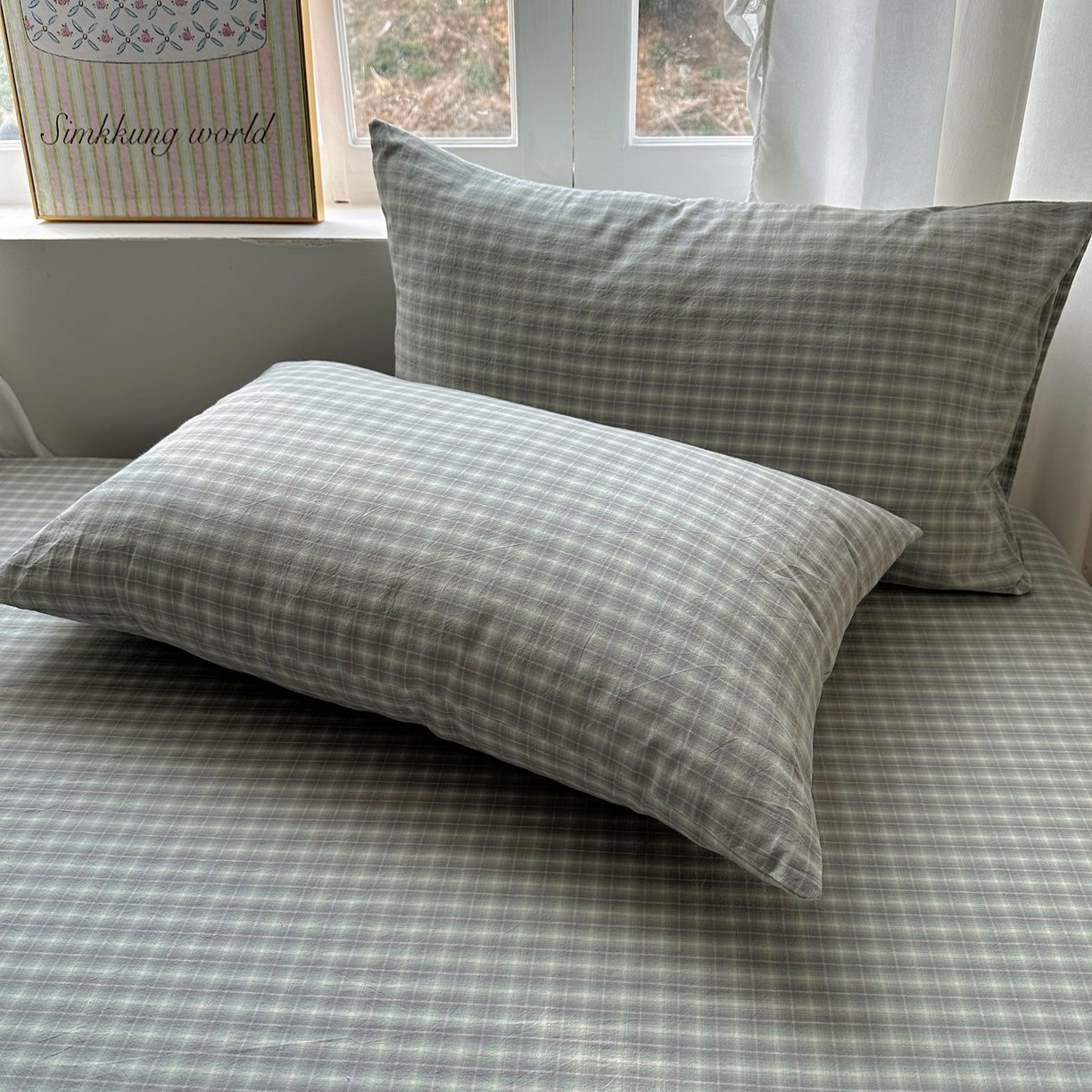 91家纺网 家纺一手货源 找家纺 六巷胡同 2026新款A类全棉纯棉水洗棉色织格子单品枕套 枕套单件 知序-绿格