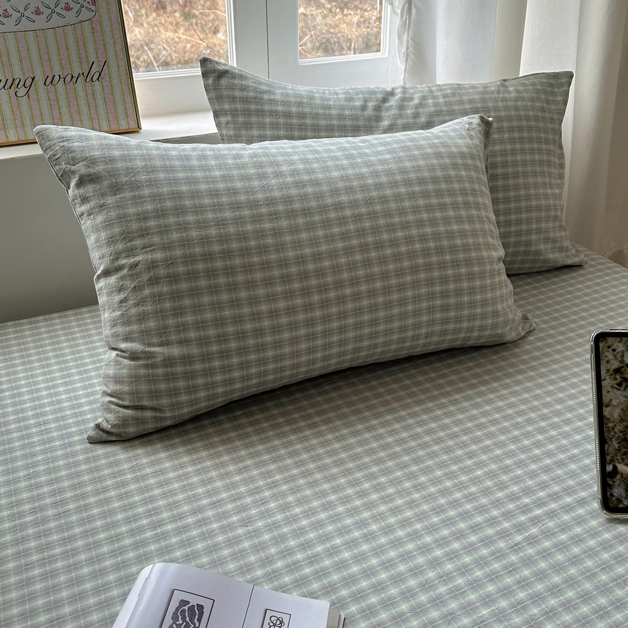 91家纺网 家纺一手货源 找家纺 六巷胡同 2026新款A类全棉纯棉水洗棉色织格子单品枕套 枕套单件 知序-绿格