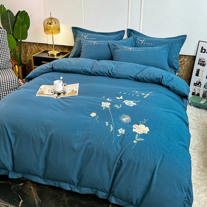 梵克保罗 2026新款直播热卖长绒棉全棉纯棉刺绣花边四件套-烟雨花都 烟雨花都-钻石蓝
