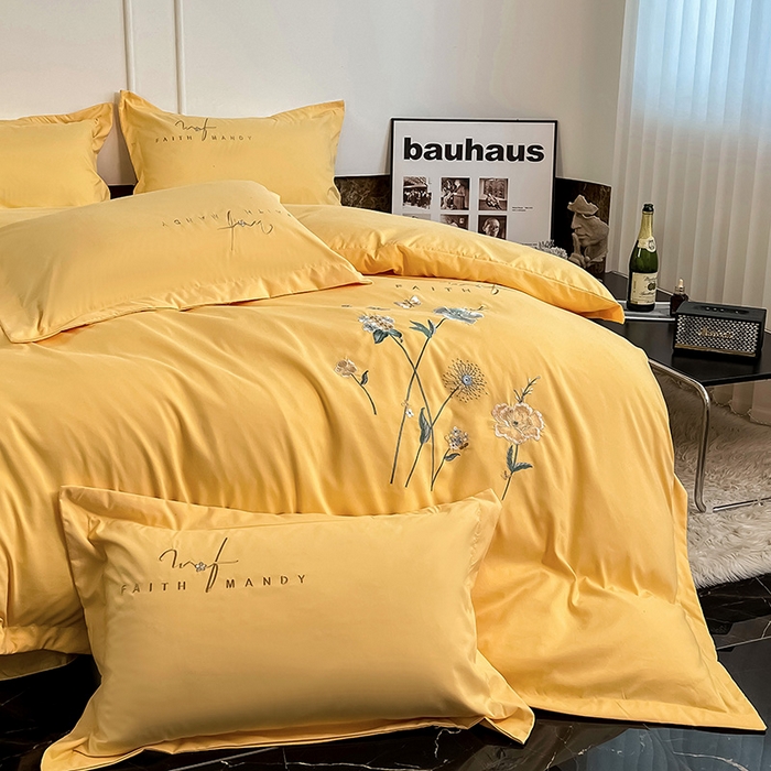 91家纺网 家纺一手货源 找家纺 梵克保罗 2026新款直播热卖长绒棉全棉纯棉刺绣花边四件套-烟雨花都 烟雨花都-柠檬黄