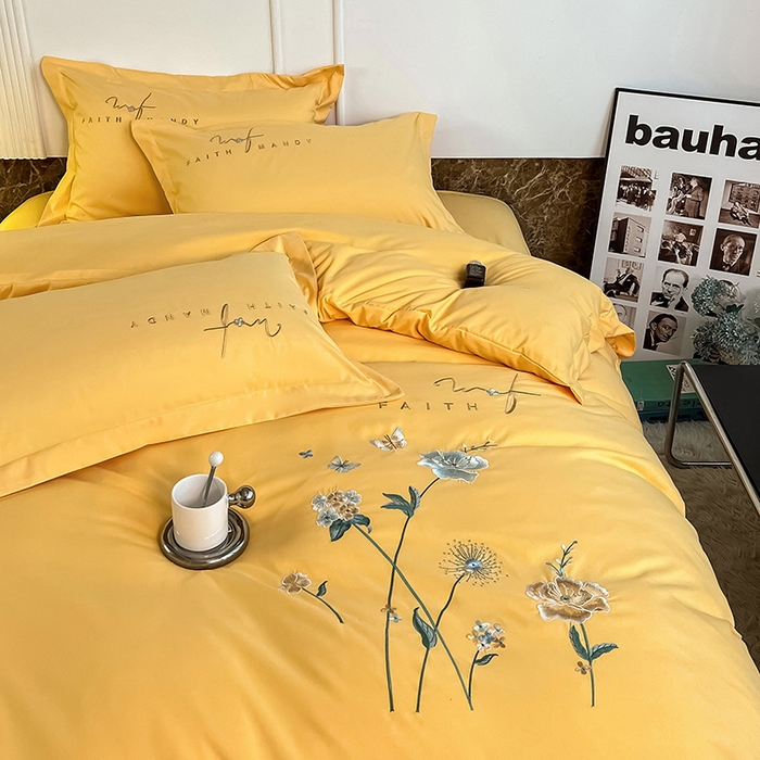 91家纺网 家纺一手货源 找家纺 梵克保罗 2026新款直播热卖长绒棉全棉纯棉刺绣花边四件套-烟雨花都 烟雨花都-柠檬黄