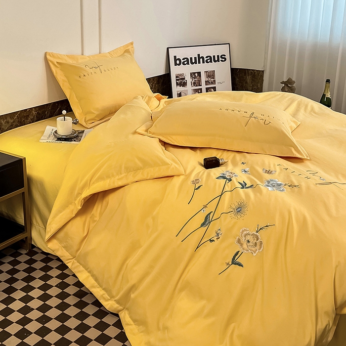 91家纺网 家纺一手货源 找家纺 梵克保罗 2026新款直播热卖长绒棉全棉纯棉刺绣花边四件套-烟雨花都 烟雨花都-柠檬黄