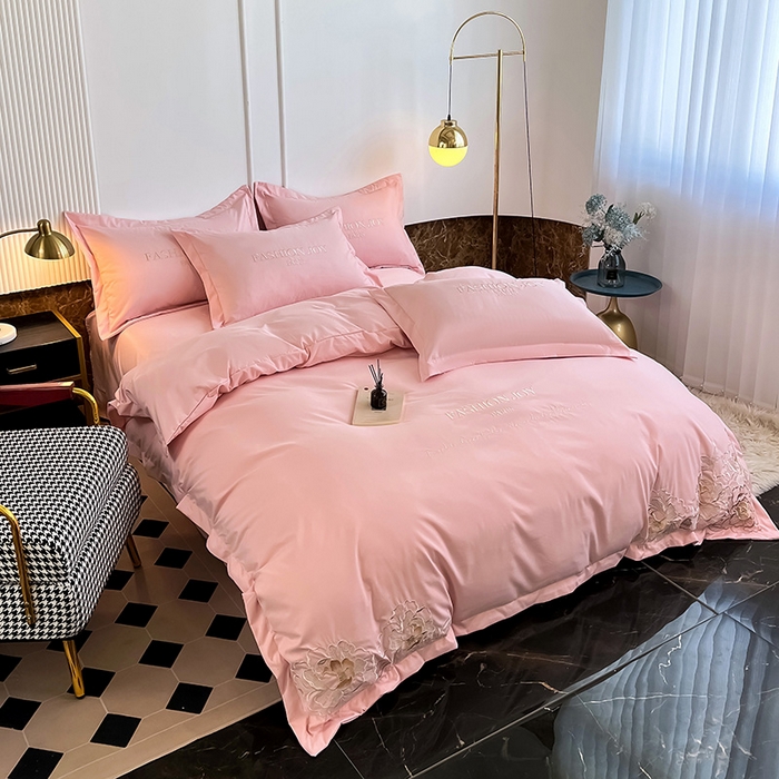 91家纺网 家纺一手货源 找家纺 梵克保罗 2026新款直播热卖长绒棉全棉纯棉刺绣花边四件套-繁星 繁星-玫瑰粉