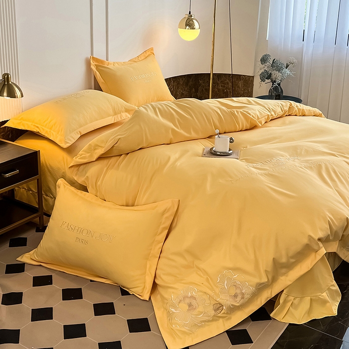 91家纺网 家纺一手货源 找家纺 梵克保罗 2026新款直播热卖长绒棉全棉纯棉刺绣花边四件套-繁星 繁星-柠檬黄