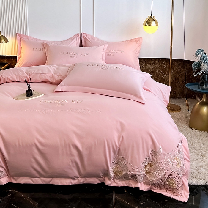 梵克保罗 2026新款直播热卖长绒棉全棉纯棉刺绣花边四件套-繁星 繁星-玫瑰粉