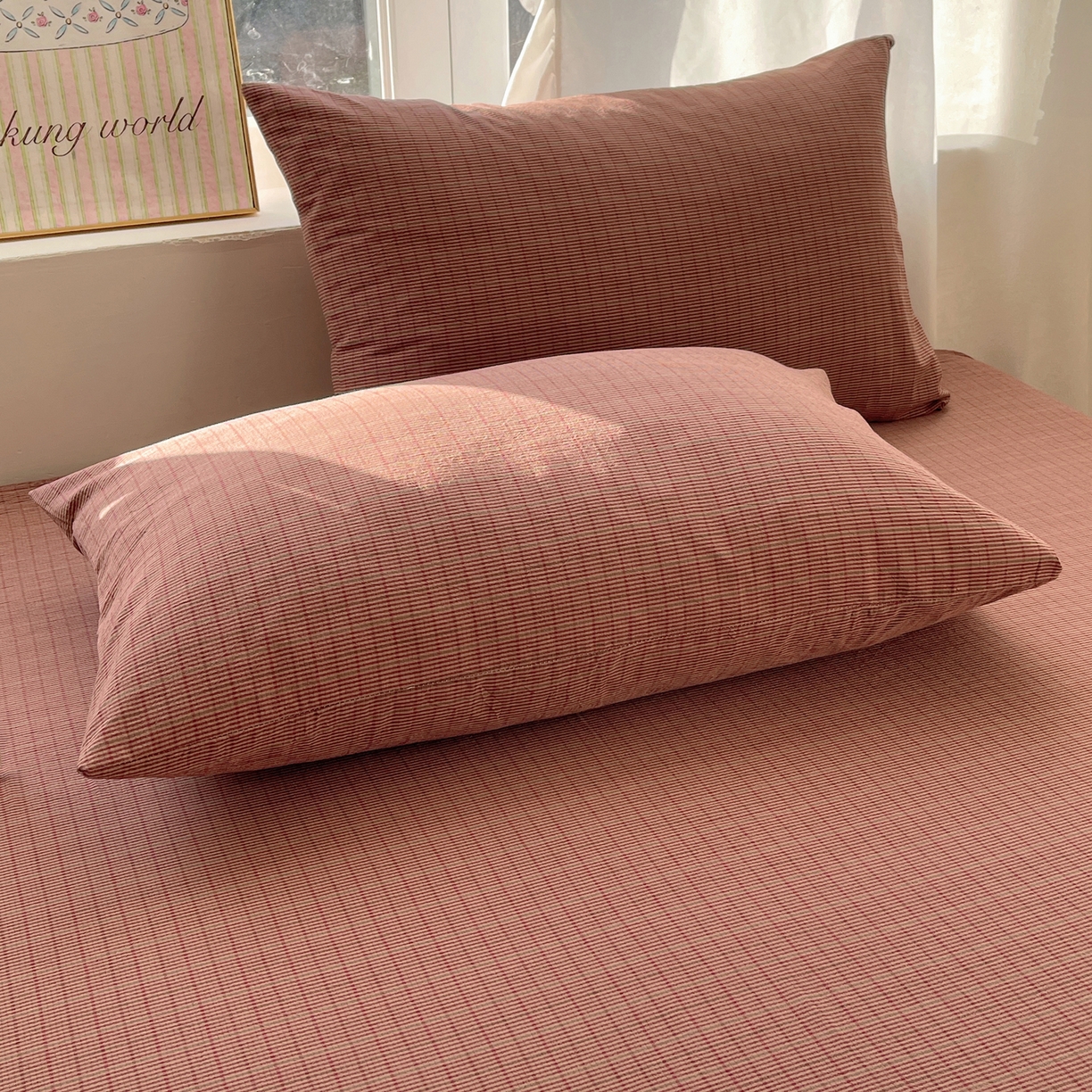 91家纺网 家纺一手货源 找家纺 六巷胡同 2026新款A类全棉纯棉水洗棉色织格子单品枕套 枕套单件 逐风-红格