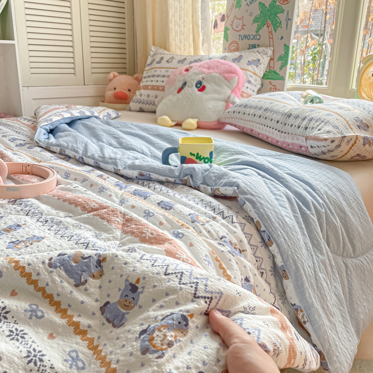 91家纺网 家纺一手货源 找家纺 云玲时尚 2026新款A类大豆纤维费尔岛系列夏被夏凉被空调被 蓝糯小马