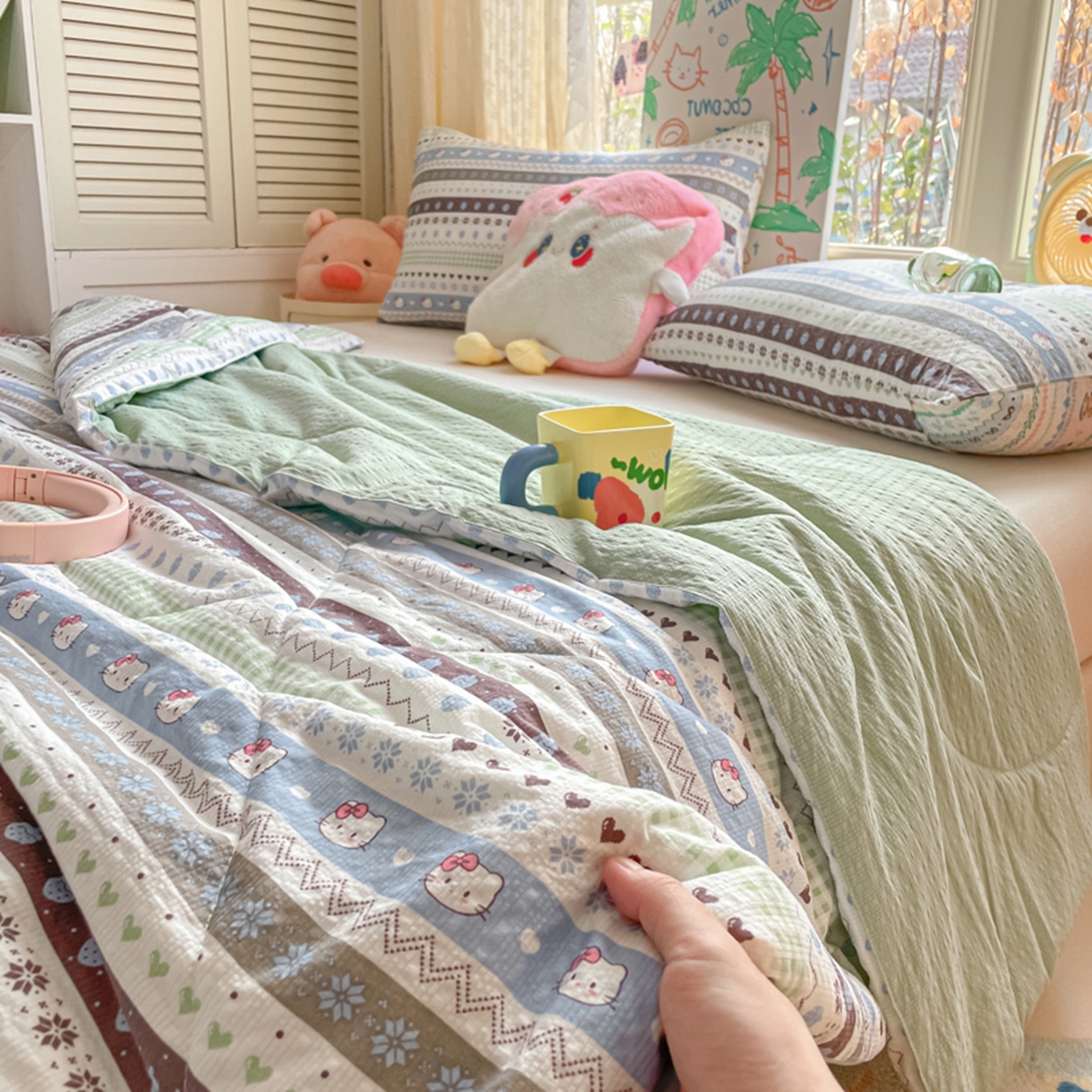 91家纺网 家纺一手货源 找家纺 云玲时尚 2026新款A类大豆纤维费尔岛系列夏被夏凉被空调被 雪花Kitty