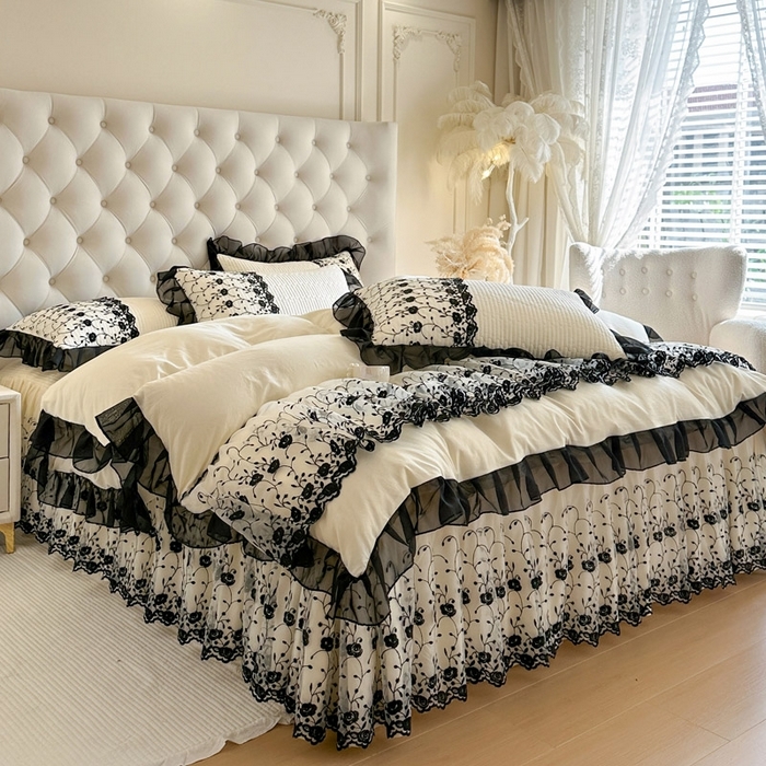 91家纺网 家纺一手货源 找家纺 （总）瑞宝 2026新款泡芙棉花边床裙四件套-南法玫瑰