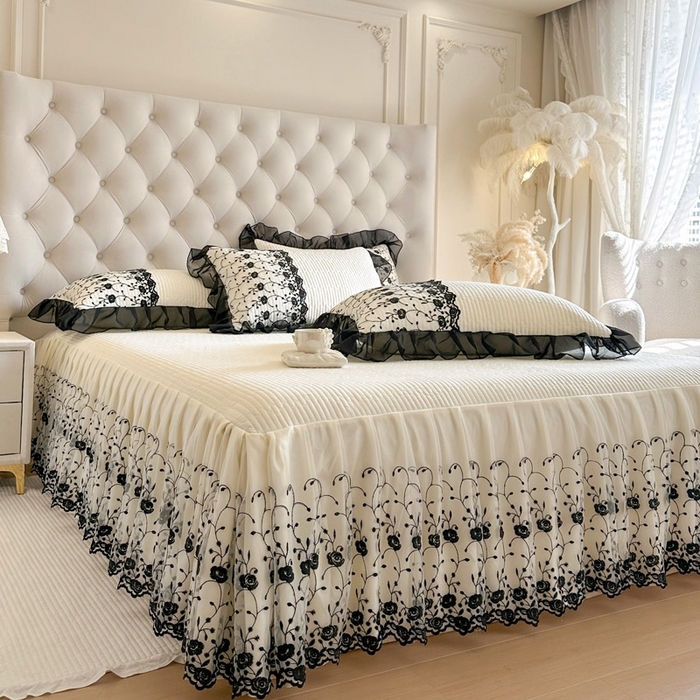 91家纺网 家纺一手货源 找家纺 （总）瑞宝 2026新款泡芙棉花边床裙三件套-南法玫瑰