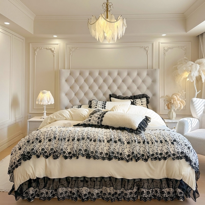 91家纺网 家纺一手货源 找家纺 （总）瑞宝 2026新款泡芙棉花边床裙三件套-南法玫瑰