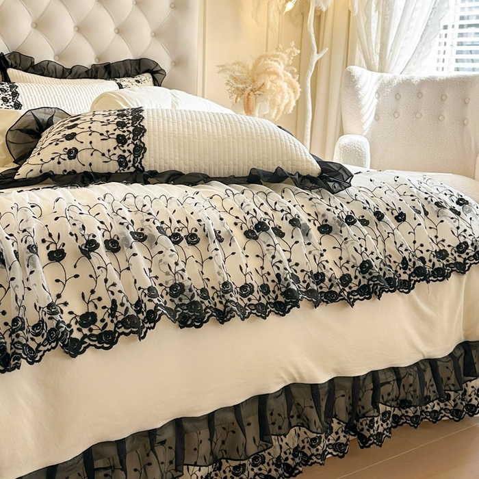 91家纺网 家纺一手货源 找家纺 （总）瑞宝 2026新款泡芙棉花边床裙三件套-南法玫瑰