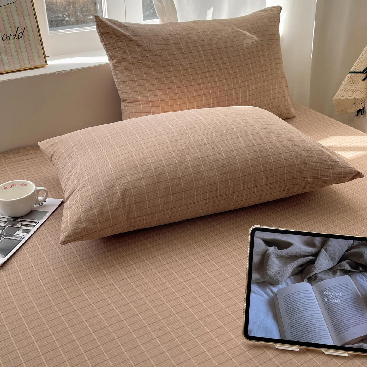 91家纺网 家纺一手货源 找家纺 六巷胡同 2026新款A类全棉纯棉水洗棉色织格子单品枕套 枕套单件 逐风-咖格