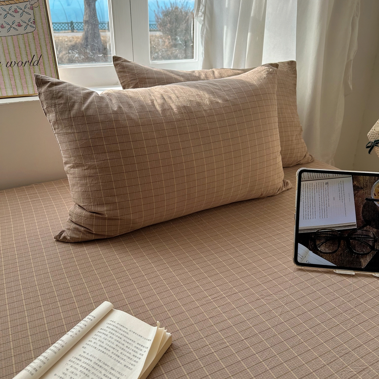 91家纺网 家纺一手货源 找家纺 六巷胡同 2026新款A类全棉纯棉水洗棉色织格子单品枕套 枕套单件 逐风-咖格