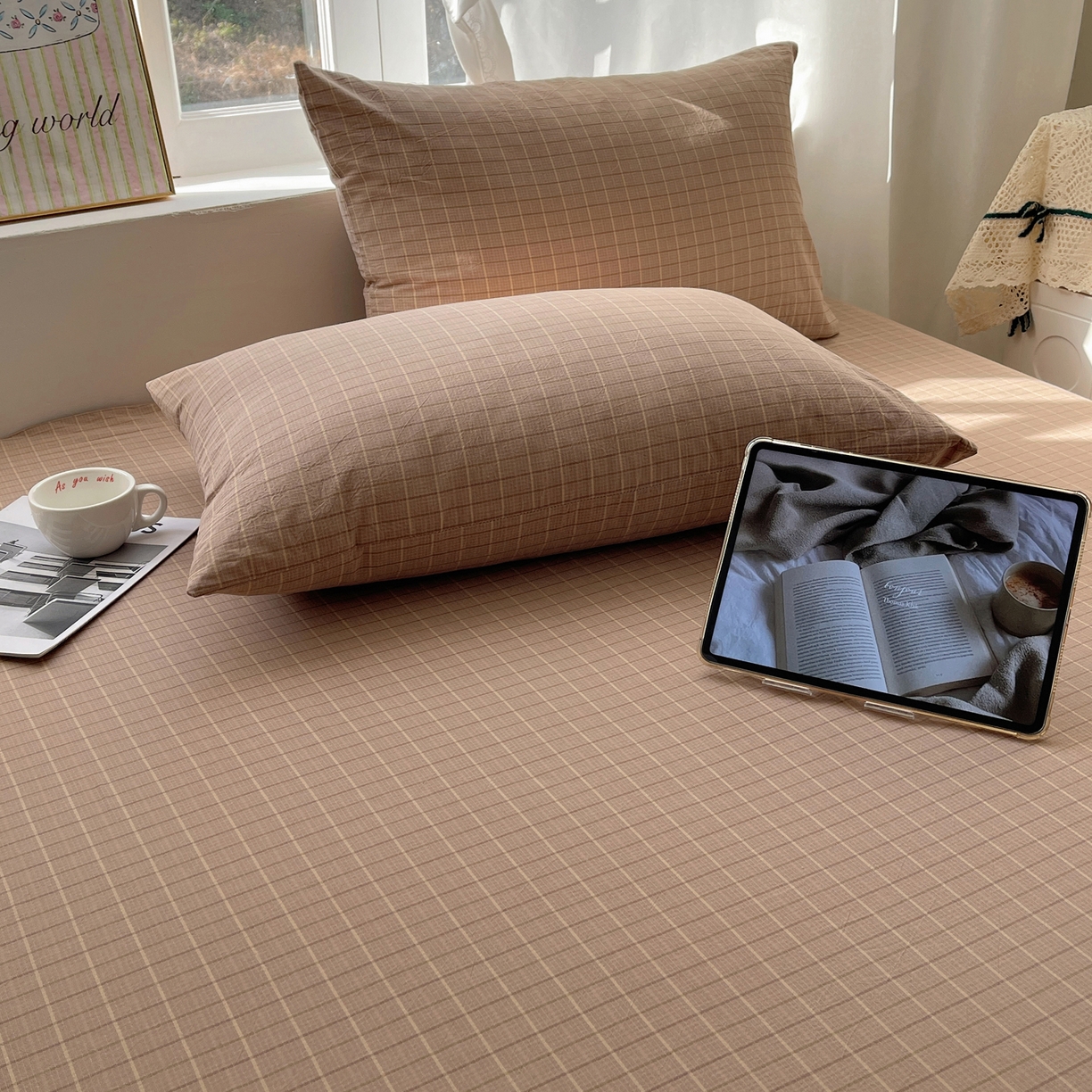 91家纺网 家纺一手货源 找家纺 六巷胡同 2026新款A类全棉纯棉水洗棉色织格子单品枕套 枕套单件 逐风-咖格