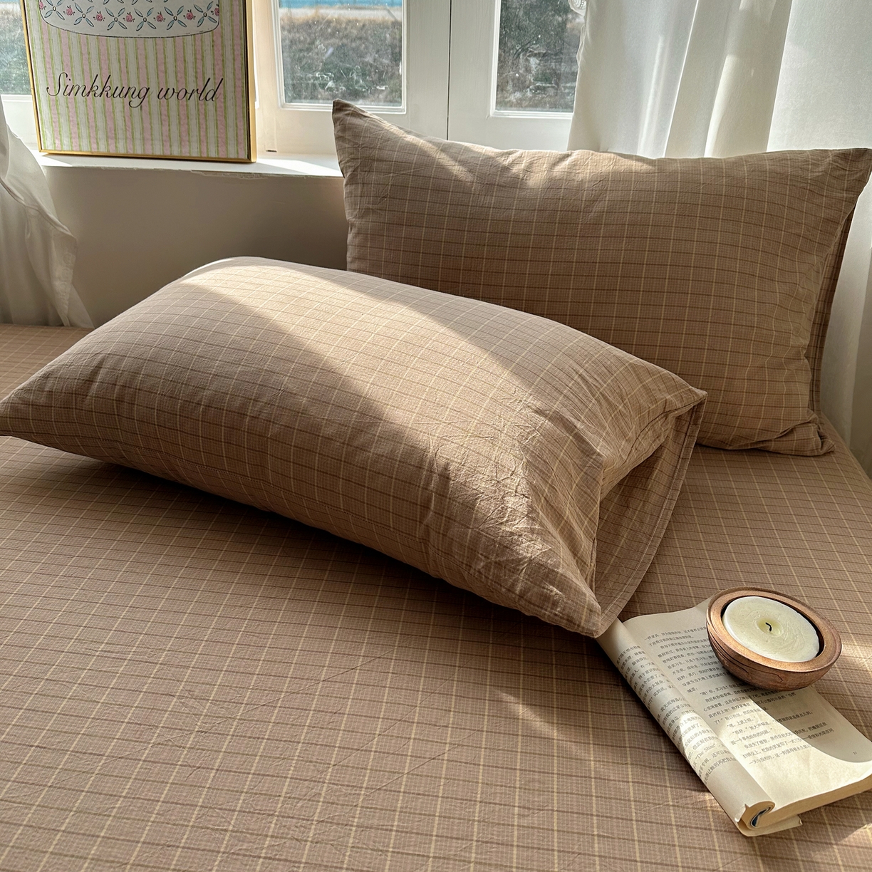 91家纺网 家纺一手货源 找家纺 六巷胡同 2026新款A类全棉纯棉水洗棉色织格子单品枕套 枕套单件 逐风-咖格