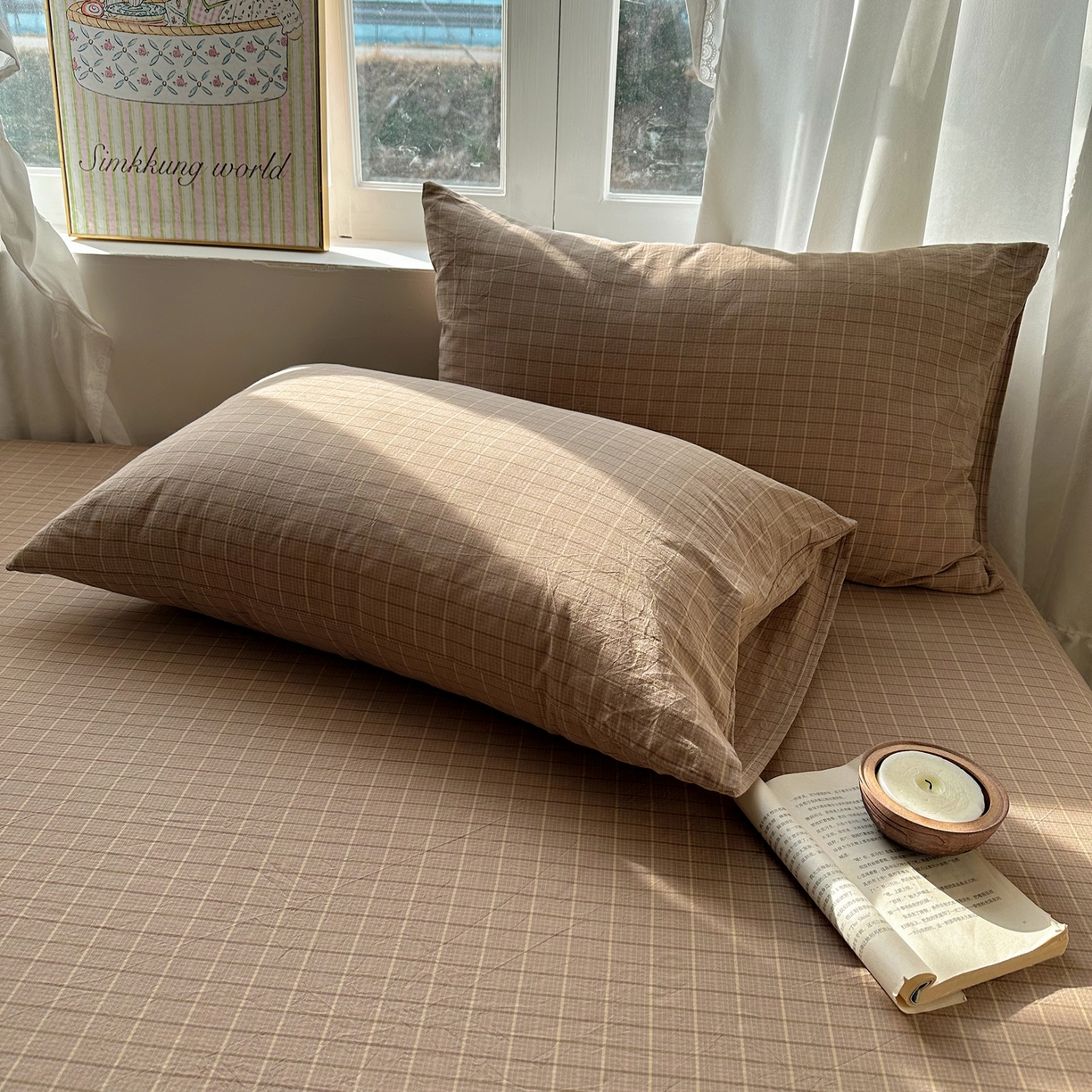 91家纺网 家纺一手货源 找家纺 六巷胡同 2026新款A类全棉纯棉水洗棉色织格子单品枕套 枕套单件 逐风-咖格