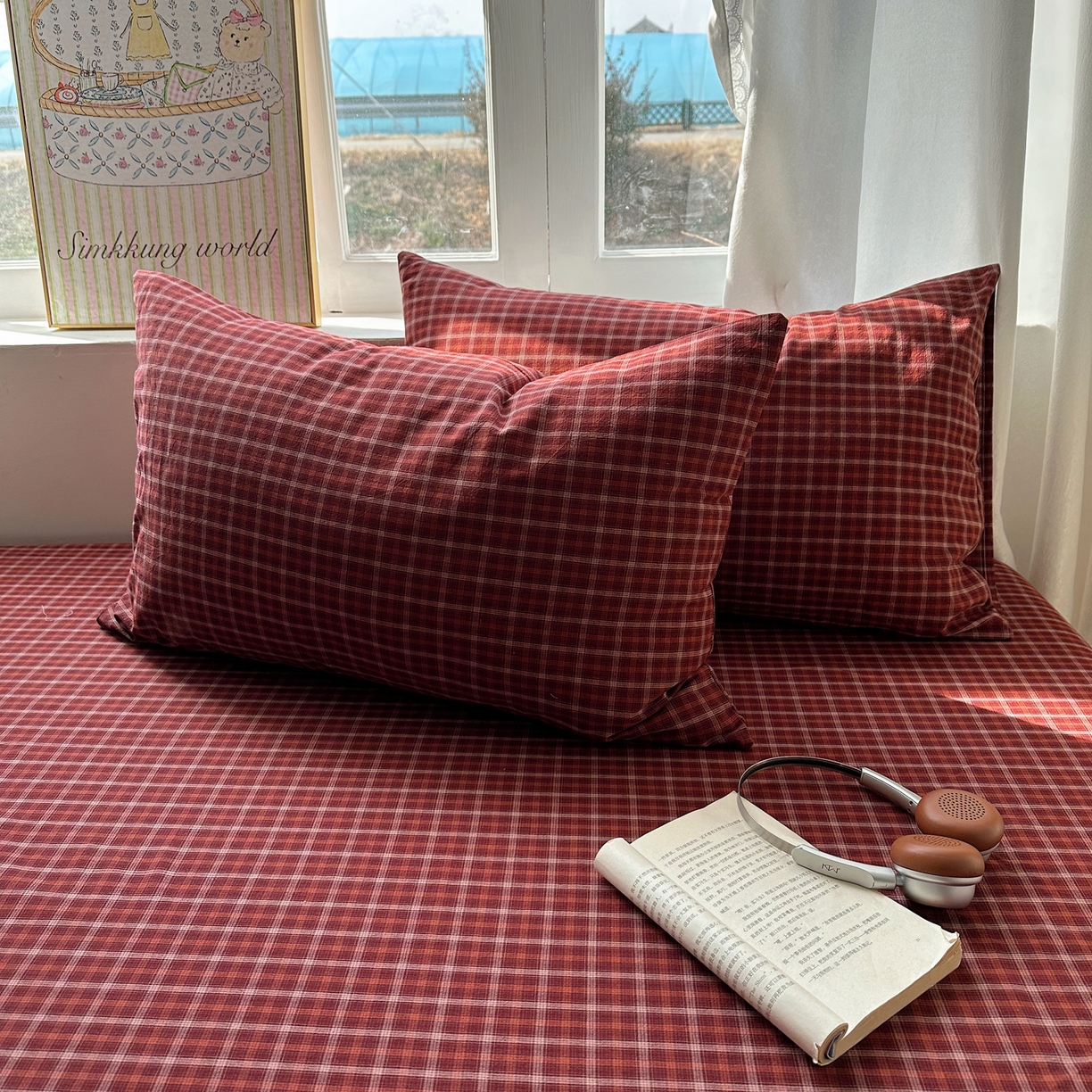 六巷胡同 2026新款A类全棉纯棉水洗棉色织格子单品枕套 枕套单件 追光-红格