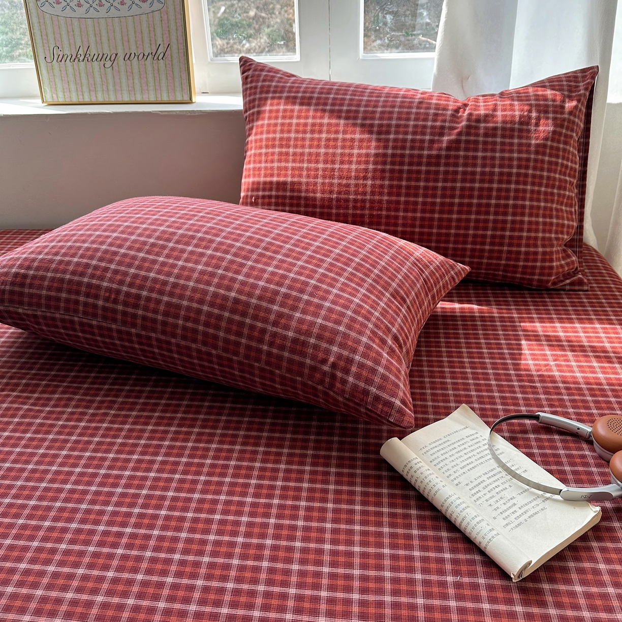 91家纺网 家纺一手货源 找家纺 六巷胡同 2026新款A类全棉纯棉水洗棉色织格子单品枕套 枕套单件 追光-红格