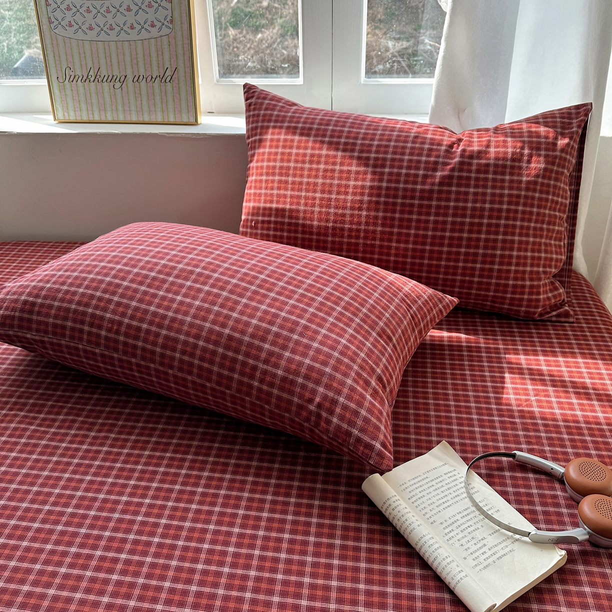 91家纺网 家纺一手货源 找家纺 六巷胡同 2026新款A类全棉纯棉水洗棉色织格子单品枕套 枕套单件 追光-红格