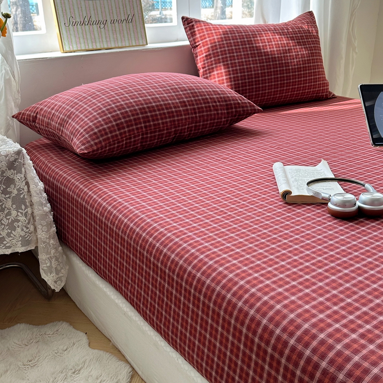 91家纺网 家纺一手货源 找家纺 六巷胡同 2026新款A类全棉纯棉水洗棉色织格子单品枕套 枕套单件 追光-红格