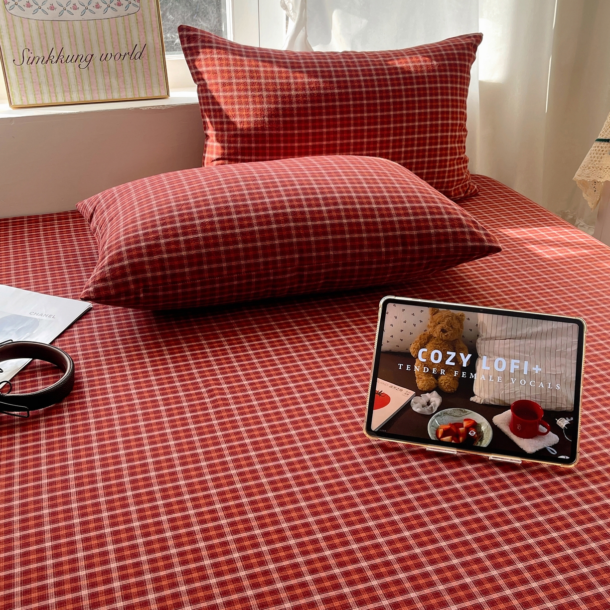 91家纺网 家纺一手货源 找家纺 六巷胡同 2026新款A类全棉纯棉水洗棉色织格子单品枕套 枕套单件 追光-红格