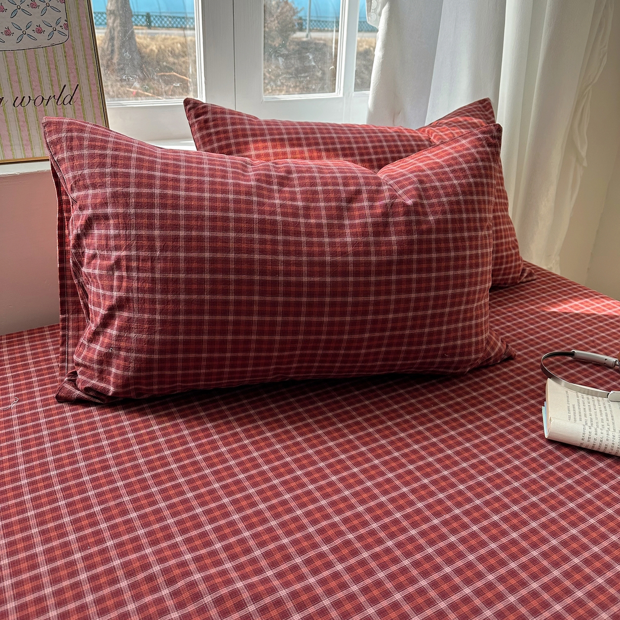 91家纺网 家纺一手货源 找家纺 六巷胡同 2026新款A类全棉纯棉水洗棉色织格子单品枕套 枕套单件 追光-红格