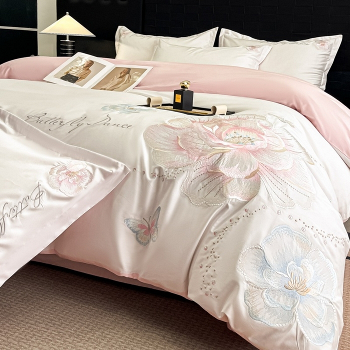 绘萱家居 2026直播爆款纯棉100%全棉纯棉绣花四件套圆角吊边床单款纯色百分百 蝶舞牡丹-奶白粉