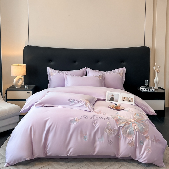 91家纺网 家纺一手货源 找家纺 绘萱家居 2026直播爆款纯棉100%全棉纯棉绣花四件套圆角吊边床单款纯色百分百 七彩福蝶-紫