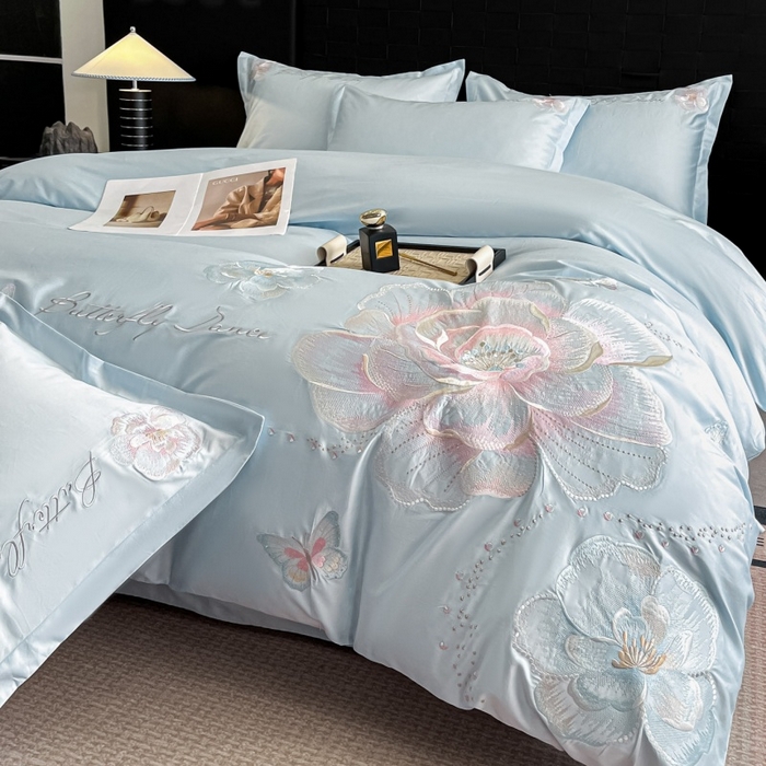 绘萱家居 2026直播爆款纯棉100%全棉纯棉绣花四件套圆角吊边床单款纯色百分百 蝶舞牡丹-蓝