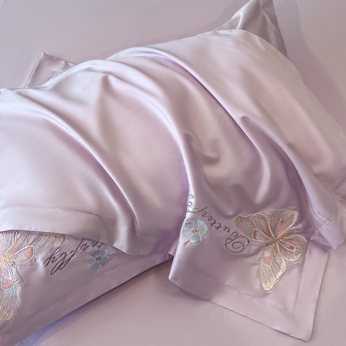 91家纺网 家纺一手货源 找家纺 绘萱家居 2026直播爆款纯棉100%全棉纯棉绣花四件套圆角吊边床单款纯色百分百 七彩福蝶-紫