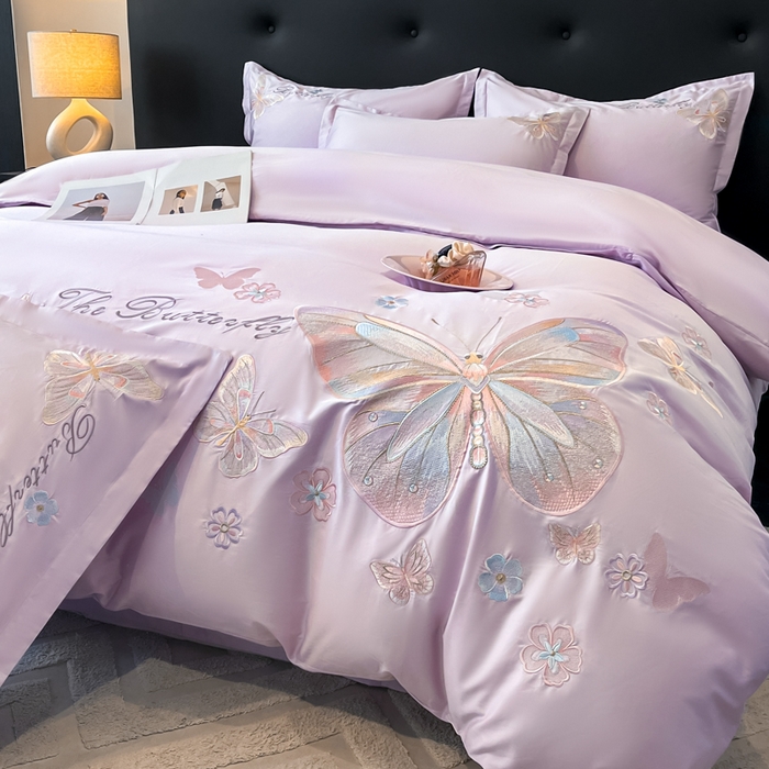 绘萱家居 2026直播爆款纯棉100%全棉纯棉绣花四件套圆角吊边床单款纯色百分百 七彩福蝶-紫
